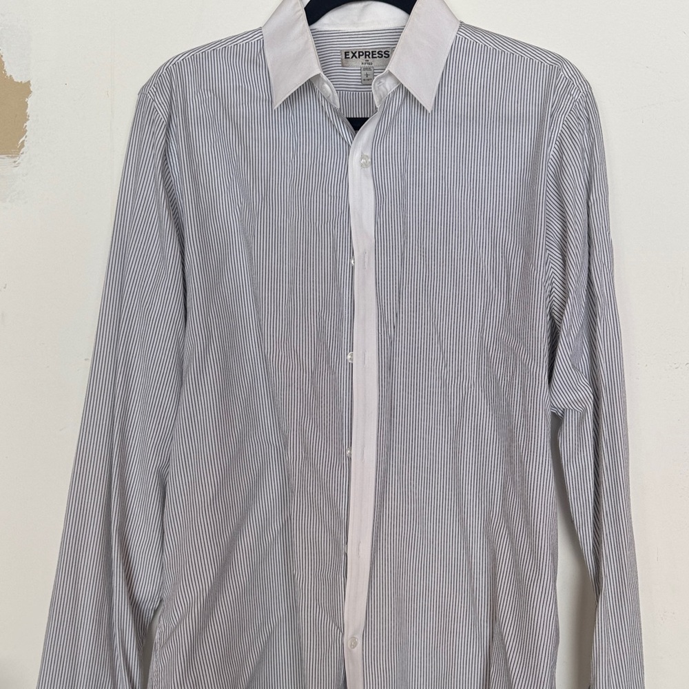 Express Men's White and Gray Striped Dress Shirt